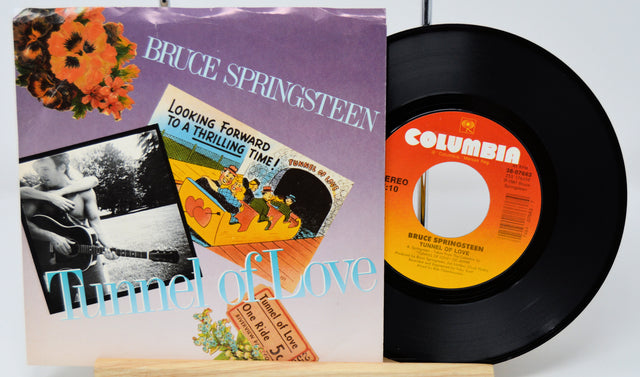 Vinyl record and cover of Bruce Springsteen's 'Tunnel of Love' with Columbia label.