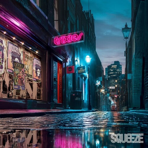 Neon-lit street scene with a bar sign and reflections on a wet pavement.