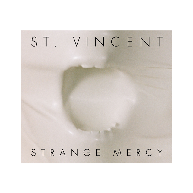 This image features the album cover for "St. Vincent - Strange Mercy," a new vinyl record by the artist known as St.