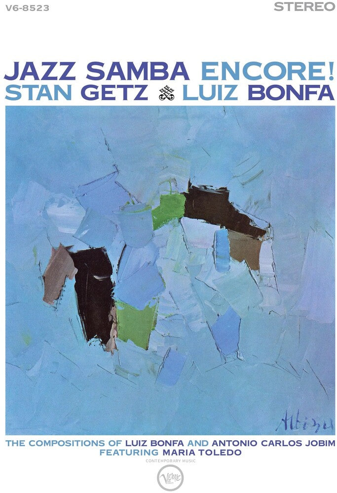 Album cover for 'Jazz Samba Encore!' by Stan Getz & Luiz Bonfa with abstract design and text.
