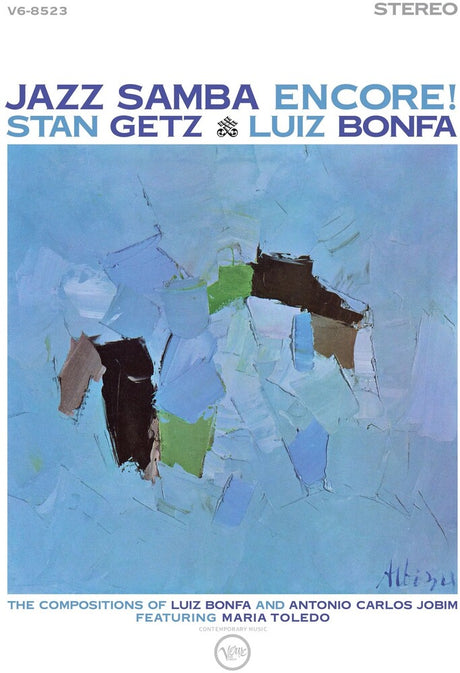 Album cover for 'Jazz Samba Encore!' by Stan Getz & Luiz Bonfa with abstract design and text.