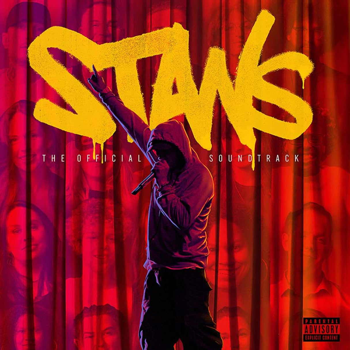 Stans official soundtrack cover featuring a hooded figure with microphone on a red background