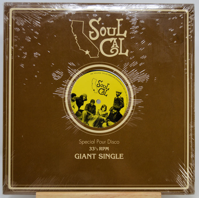 A sealed vinyl record sleeve for the Soul Cal 'Special Pour Disco' 33 1/3 RPM Giant Single, featuring a brown cover with a yellow record graphic and cream text, photographed on a light background.