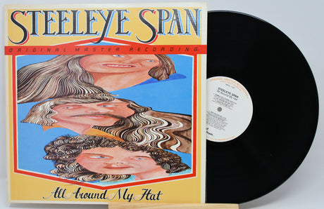 Steeleye Span 'All Around My Hat' vinyl record with the illustrated album cover standing beside the black record on a light gray background.