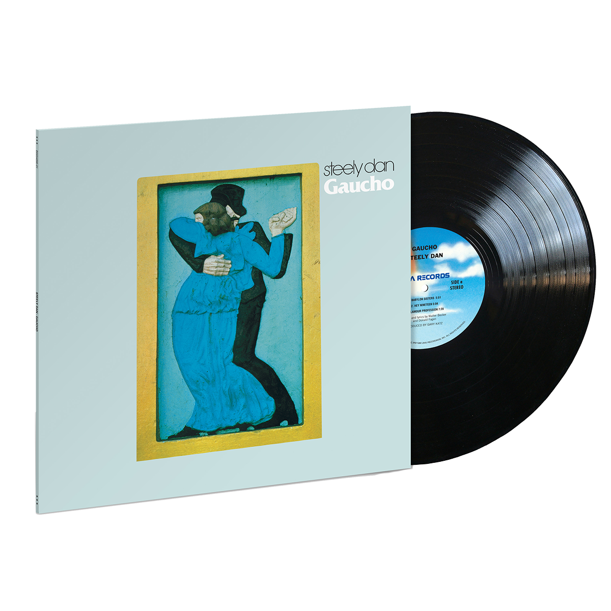 Album cover art for Steely Dan - Gaucho featuring a colorful illustration of a man and a woman dancing.