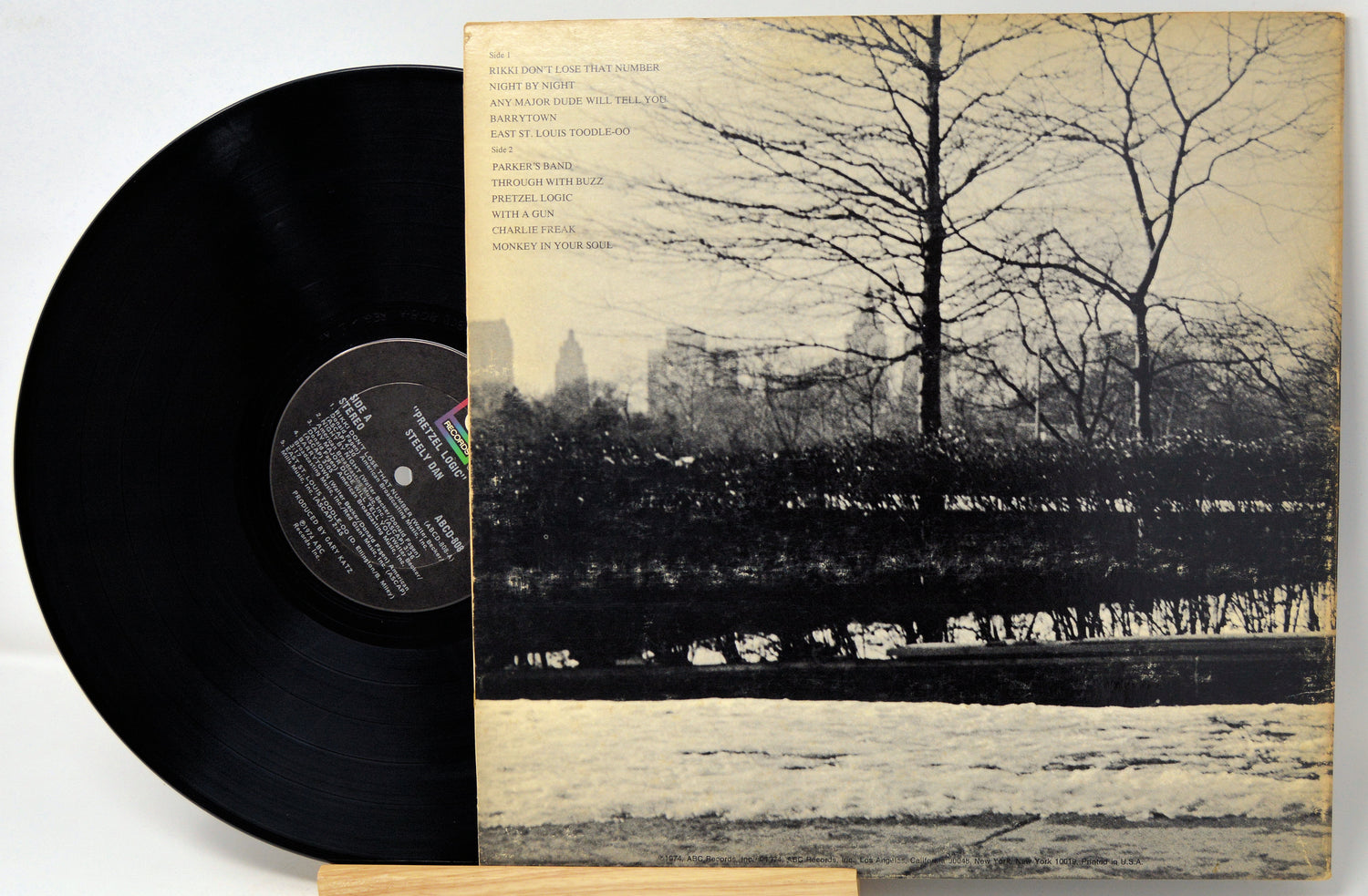 Vinyl record with a cover featuring a black and white landscape