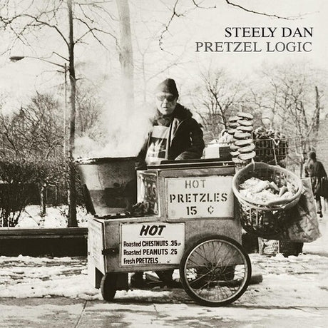 Vintage style vinyl record cover featuring Steely Dan with a pretzel logic text, an image of a man standing by a hot pretzel stand, and the text 'HOT PRETZELS 15³'.
