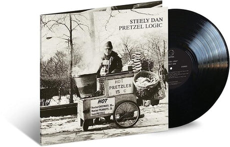 Vintage style vinyl record cover featuring Steely Dan with a pretzel logic text, an image of a man standing by a hot pretzel stand, and the text 'HOT PRETZELS 15³'.