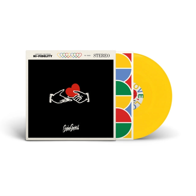 Vinyl record with colorful design and text on a white background