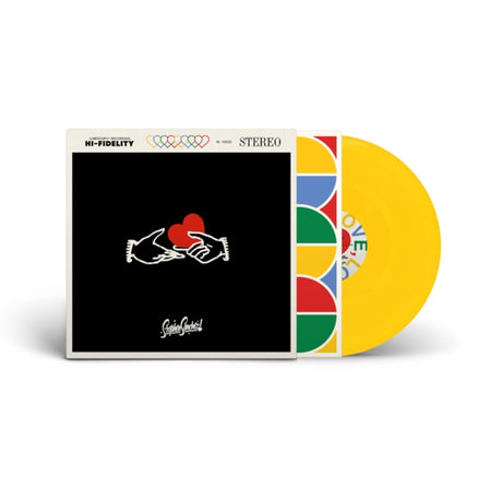 Vinyl record with colorful design and text on a white background