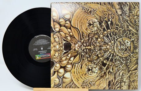 A vinyl record partially pulled from its illustrated album cover, showing the black record and the detailed gold-and-brown artwork on the sleeve against a light background.