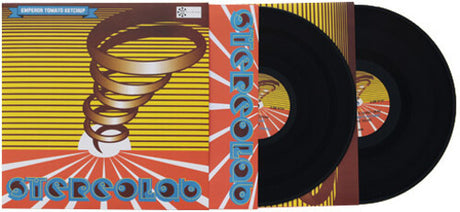 Album cover art for Stereolab's Emperor Tomato Ketchup featuring a stylized graphic of a tornado with the band's name in bold letters.