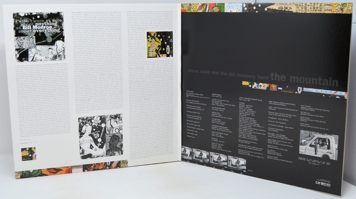 An open book or booklet displayed on a white surface, showing printed pages with text, black-and-white photos, and colorful strip accents. The right page is predominantly black with white typography and small images.