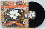 Steve Earle and the Del McCoury Band's 'The Mountain' vinyl record LP, showing the illustrated album cover sleeve and the black vinyl record partially pulled out, displayed on a small wooden stand against a light gray background.