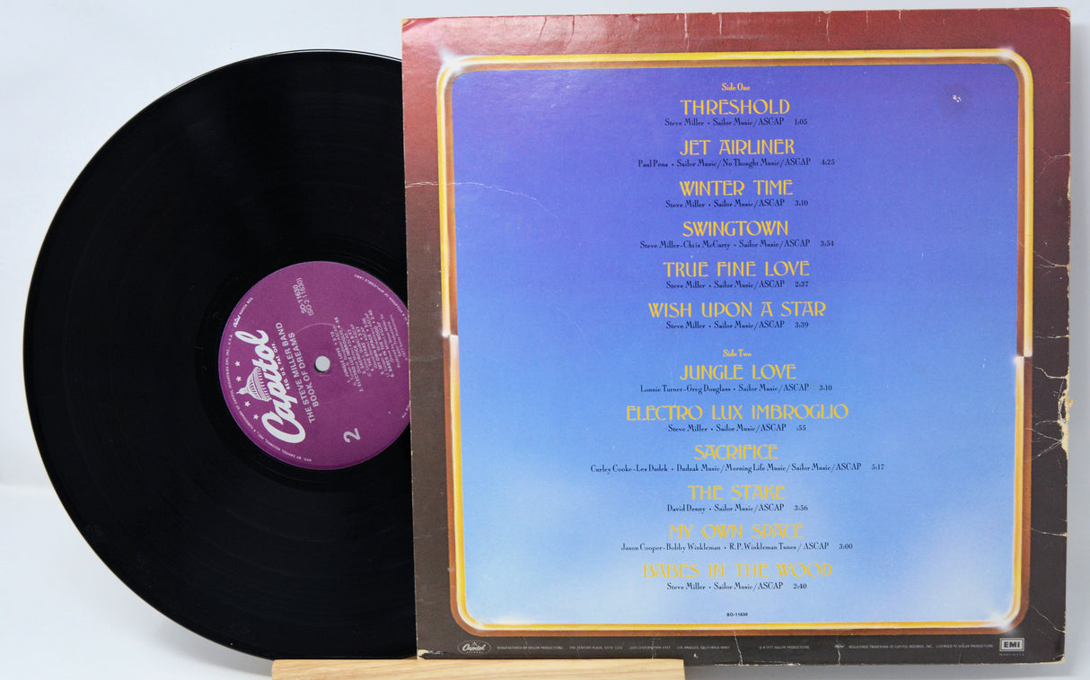 Vinyl record with a blue label featuring track listings on a white background