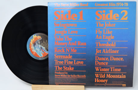 Vinyl record with blue cover featuring track listings and album art.