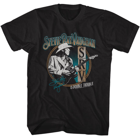 Black t-shirt featuring Stevie Ray Vaughan playing guitar with SRV & Double Trouble graphic design