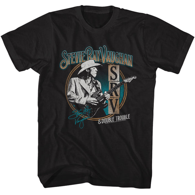 Black t-shirt featuring Stevie Ray Vaughan playing guitar with SRV & Double Trouble graphic design
