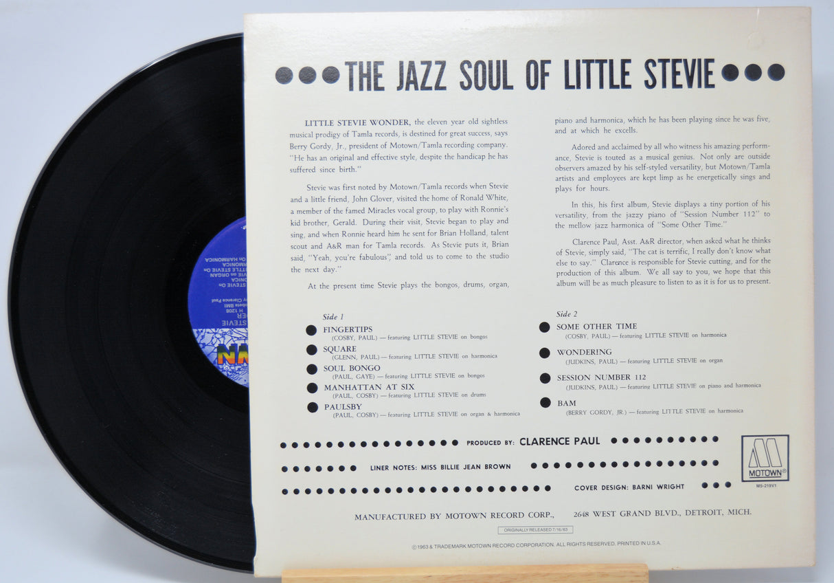 Vinyl record 'Stevie Wonder Jazz Soul of Little Stevie' with its back cover displaying text on a white background