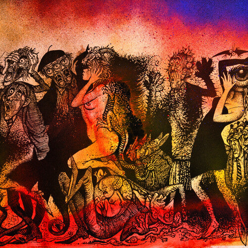 Vinyl album cover of Storm Corrosion's self title release showing an artistic depiction of figures with intricate designs and a fiery background