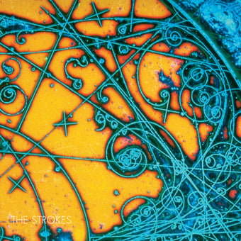 This image features the album cover for "Strokes - Is This It," a vinyl record that carries the promise of rock and roll. The cover art is striking, with its vibrant orange and blue hues, reminiscent of a stylized, abstract map.