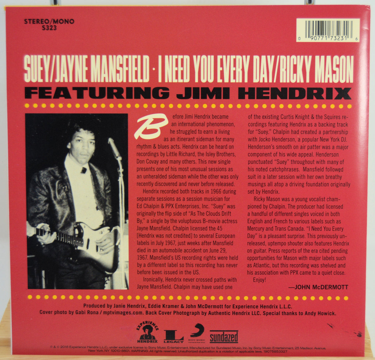 Back cover of 'Suey' vinyl single featuring Jimi Hendrix with detailed session notes and a black-and-white photo of Hendrix