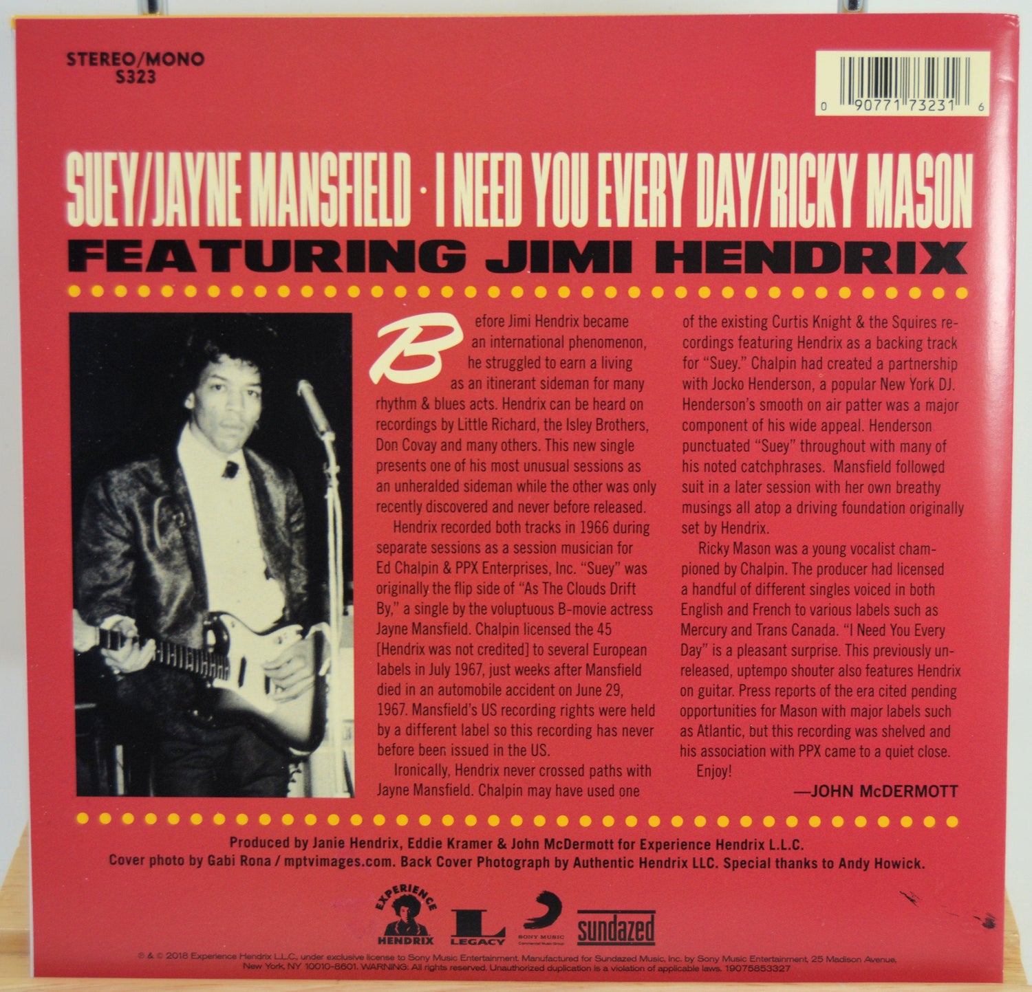 Back cover of 'Suey' vinyl single featuring Jimi Hendrix with detailed session notes and a black-and-white photo of Hendrix