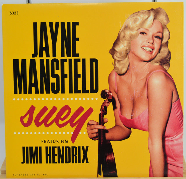 Front cover of 'Suey' vinyl single featuring Jayne Mansfield in a pink dress with a violin and bold title text