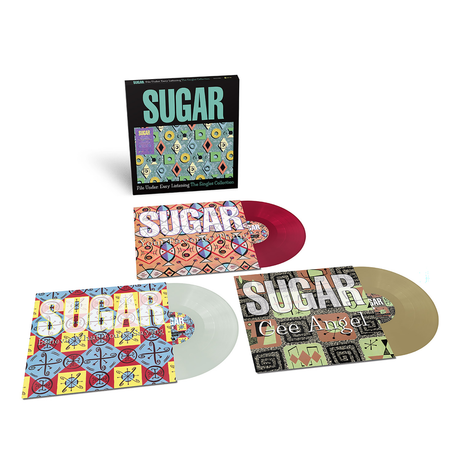 Vinyl records with colorful packaging and 'SUGAR' branding on a white background