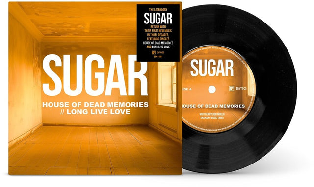 Vinyl record and cover with band name 'SUGAR' and song titled in white text with a yellow/orange background showing an empty room with a window in it.