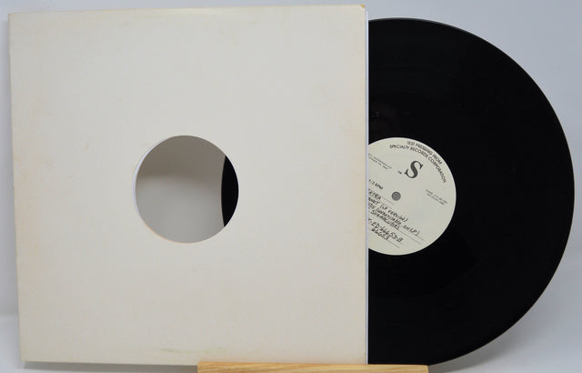 Vinyl record with a white label and beige sleeve on a white background