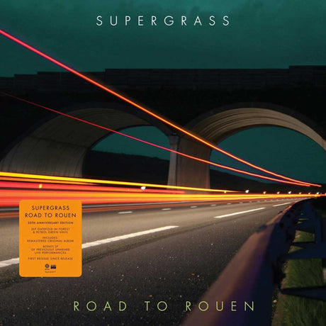 Supergrass Road to Rouen 20th Anniversary Edition vinyl album cover showing a night highway with light trails