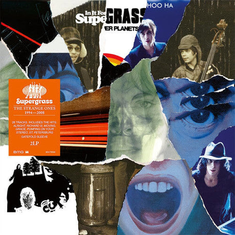 Close-up of Supergrass The Strange Ones 1994–2008 album cover with retro collage design