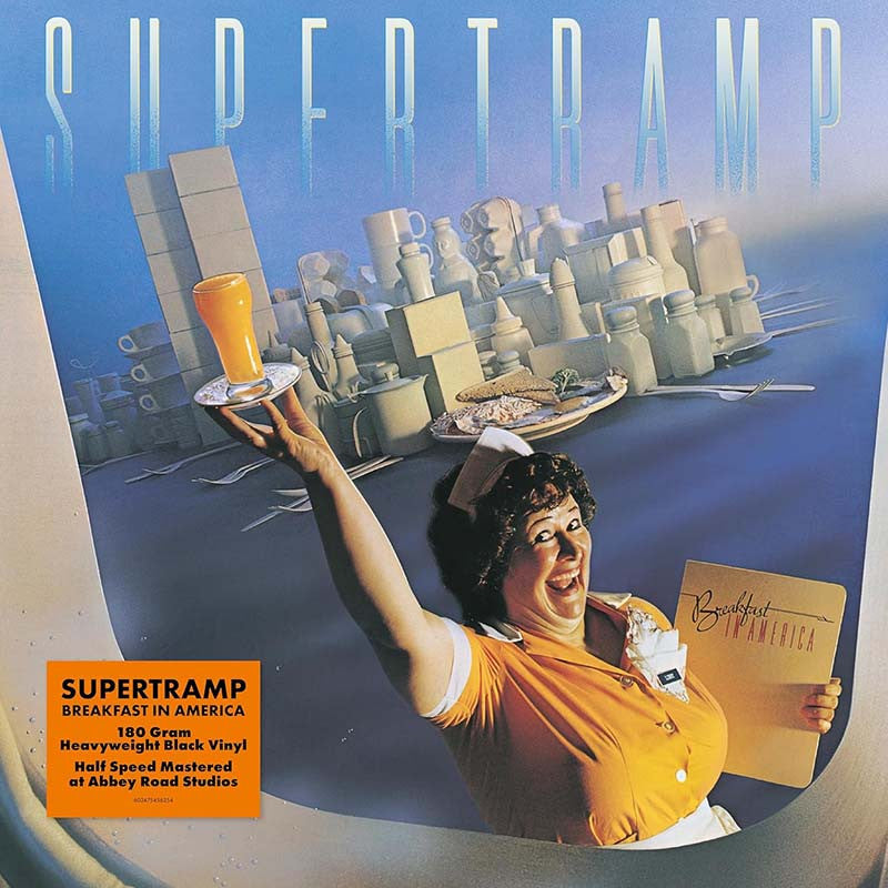 Album cover for Supertramp's 'Breakfast in America' with a woman holding a beer and a menu.