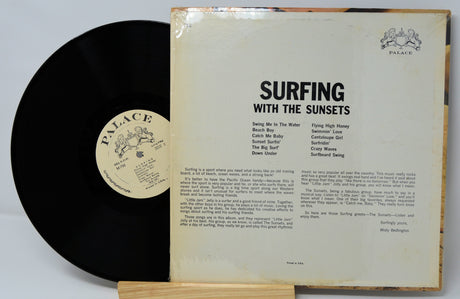 Back cover and vinyl record of Surfing With The Sunsets LP showing tracklist and description