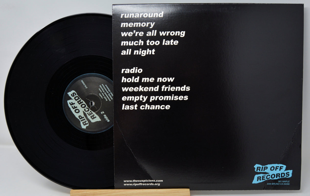 Black vinyl record with a clear sleeve displaying text and Rip Off Records branding.