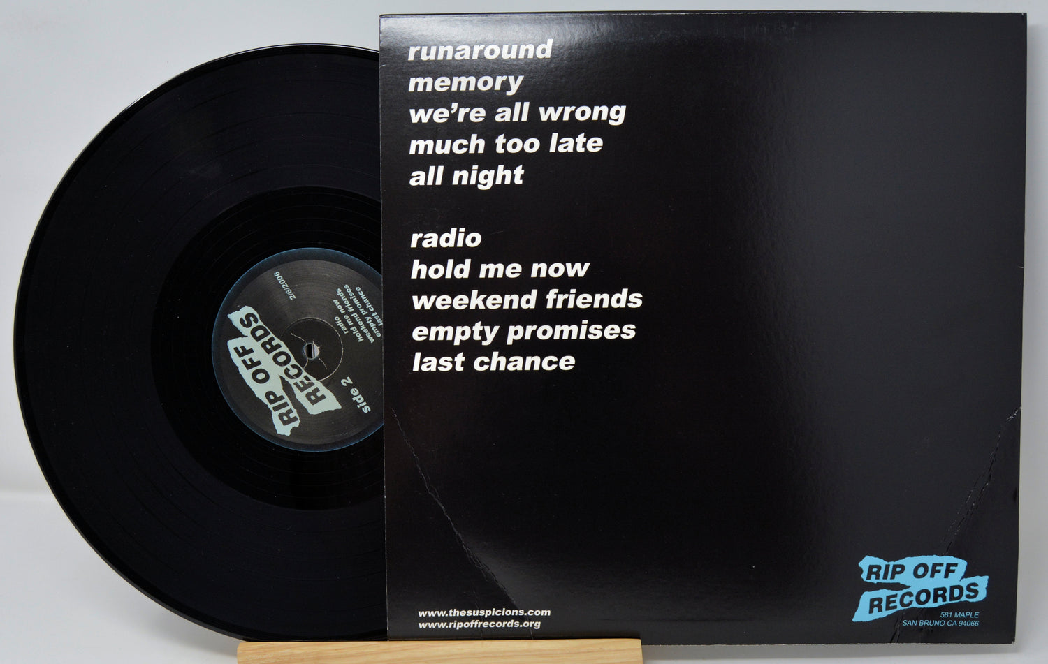 Black vinyl record with a clear sleeve displaying text and Rip Off Records branding.