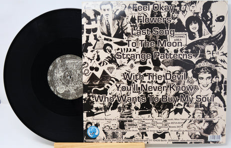 Vinyl record with a collage cover featuring text and images.