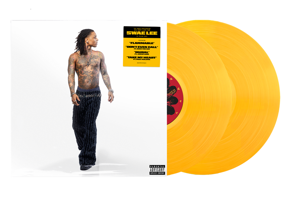 Vinyl record with a yellow cover and a person standing next to it on a white background