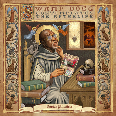 Album cover with a stylized illustration of a man sitting at a desk surrounded by books and animals, with decorative elements.