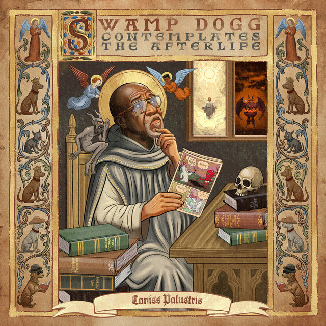Album cover with a stylized illustration of a man sitting at a desk surrounded by books and animals, with decorative elements.