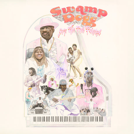 Album cover with a collage of people and animals, featuring the title 'Swamp Dogg' 'Gets His Pool Painted' at the top.