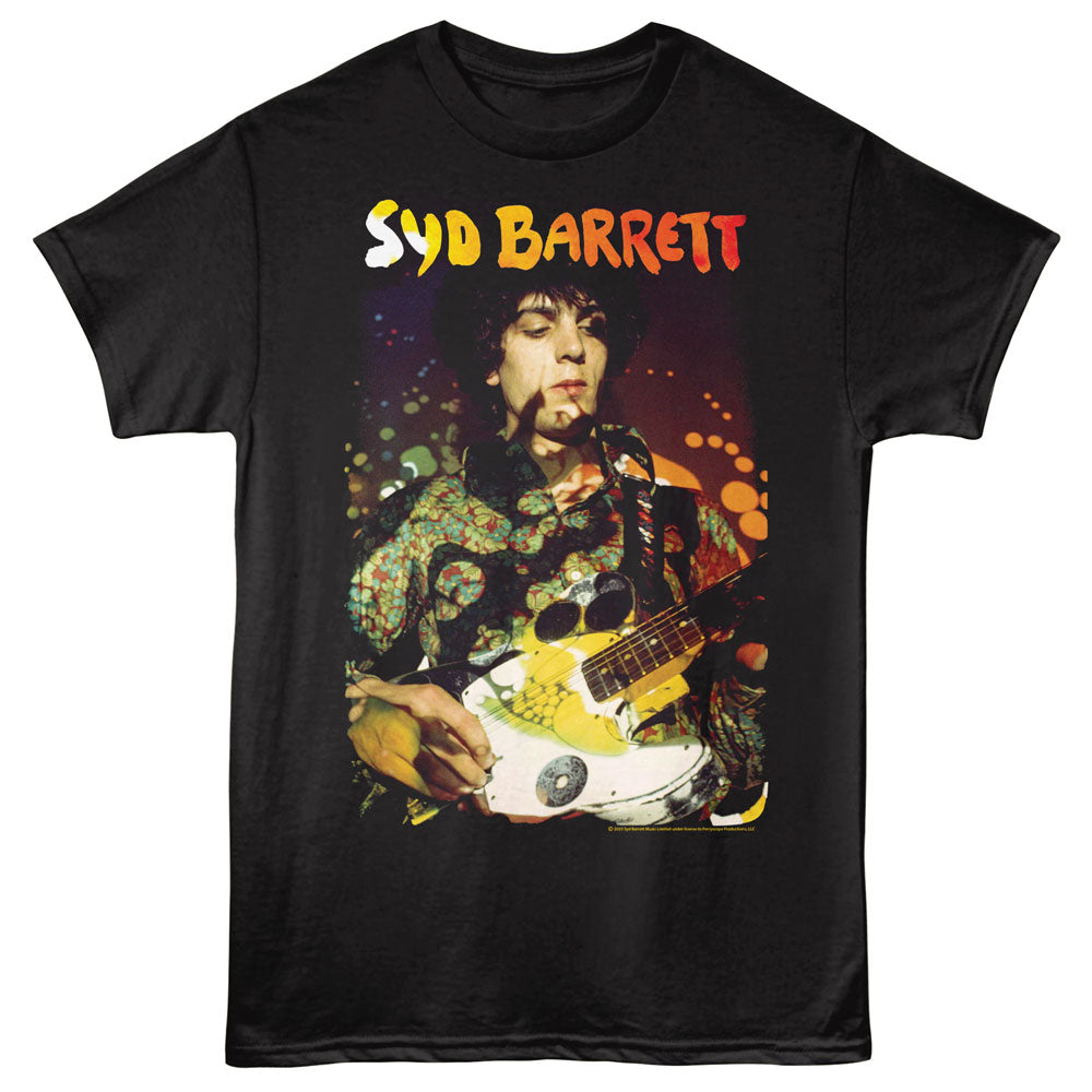Black t-shirt with a graphic of Syd Barrett playing guitar on a white background