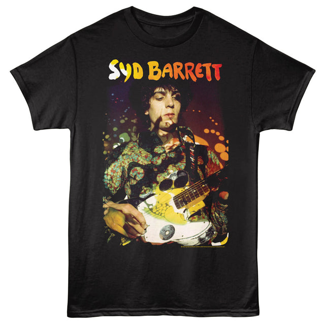Black t-shirt with a graphic of Syd Barrett playing guitar on a white background