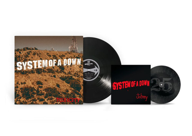 System of a Down 'Of A Down' vinyl record package on a white background, including the album cover, two black LP records, and a black square insert with red text.
