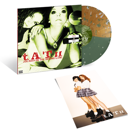 Vinyl record with cover featuring a woman and text 'Tatu 200 km/h in the Wrong Lane' on a white background.