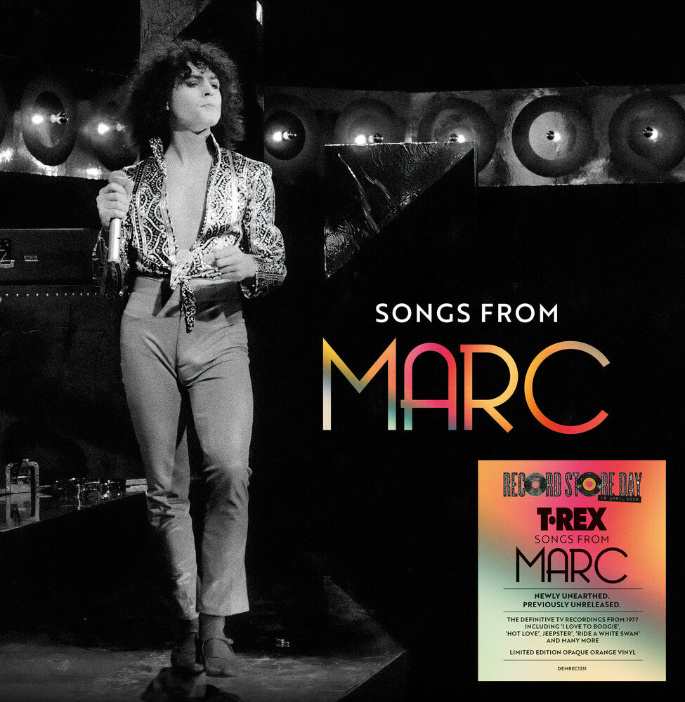 Album cover with a person on stage holding a microphone, featuring 'Songs from Marc' by T-Rex.