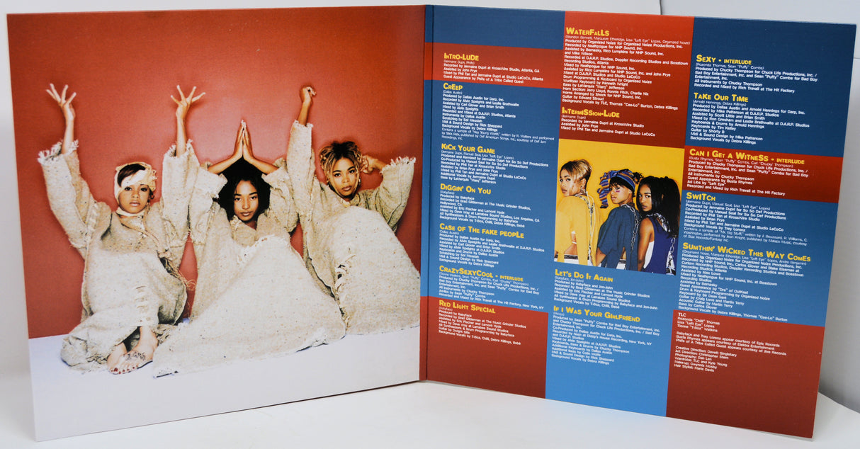 Vinyl record cover with a group of people on the left and text on the right.
