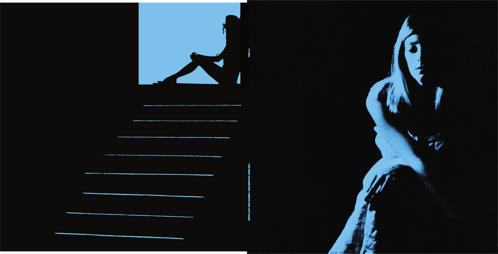 Silhouette of a person sitting on stairs with another person standing, set against a dark background.