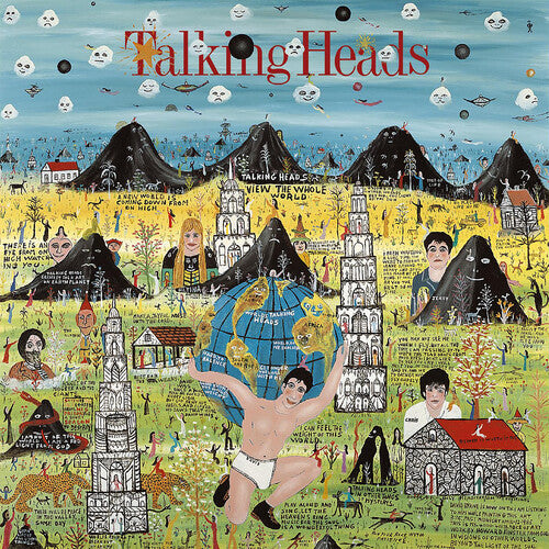 Talking Heads - Little Creatures Album cover art for Talking Heads - Little Creatures featuring cartoonish illustrations of people and animals on a vinyl record.
